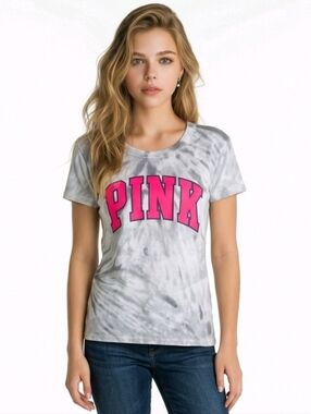 PINK Victoria's Secret Gray Tie-Dye Short Sleeve Tee with Hot Pink Logo